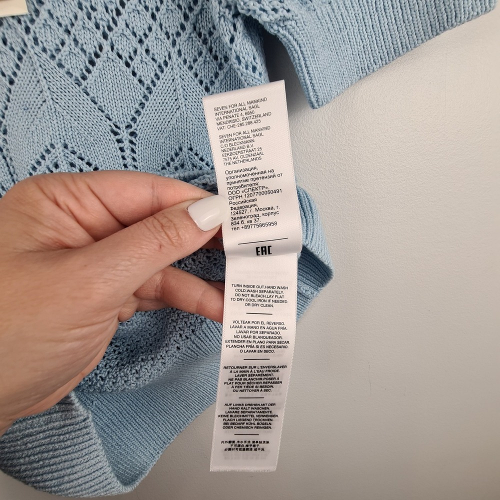 7 For All Mankind Womens Light Blue Pointelle Knit Puff Sleeve Sweater‎ Small - Picture 5 of 8